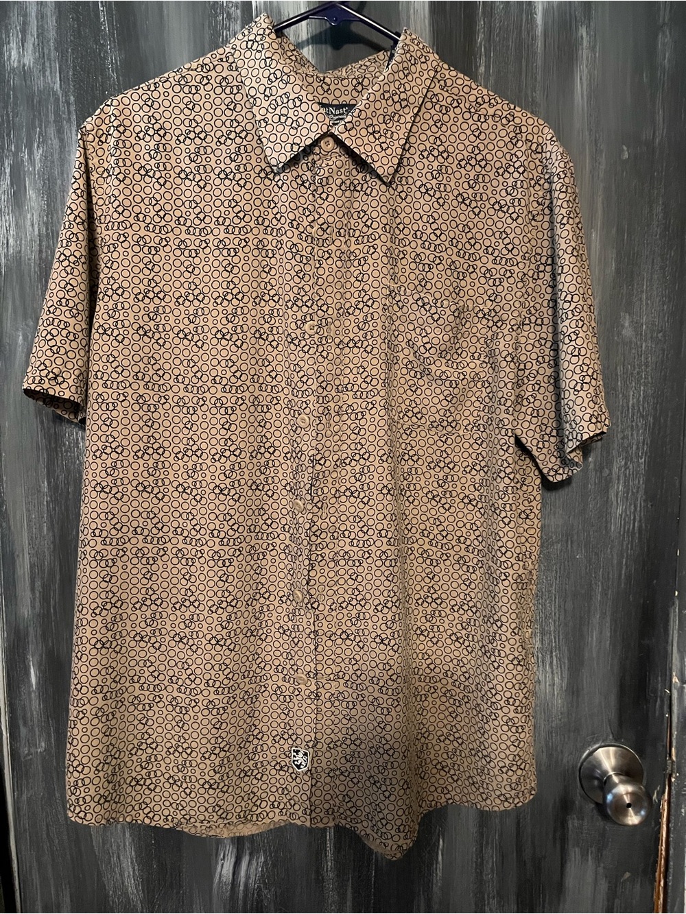 Nat Nast Short-Sleeve Tan Button-Down with Black Circular Print